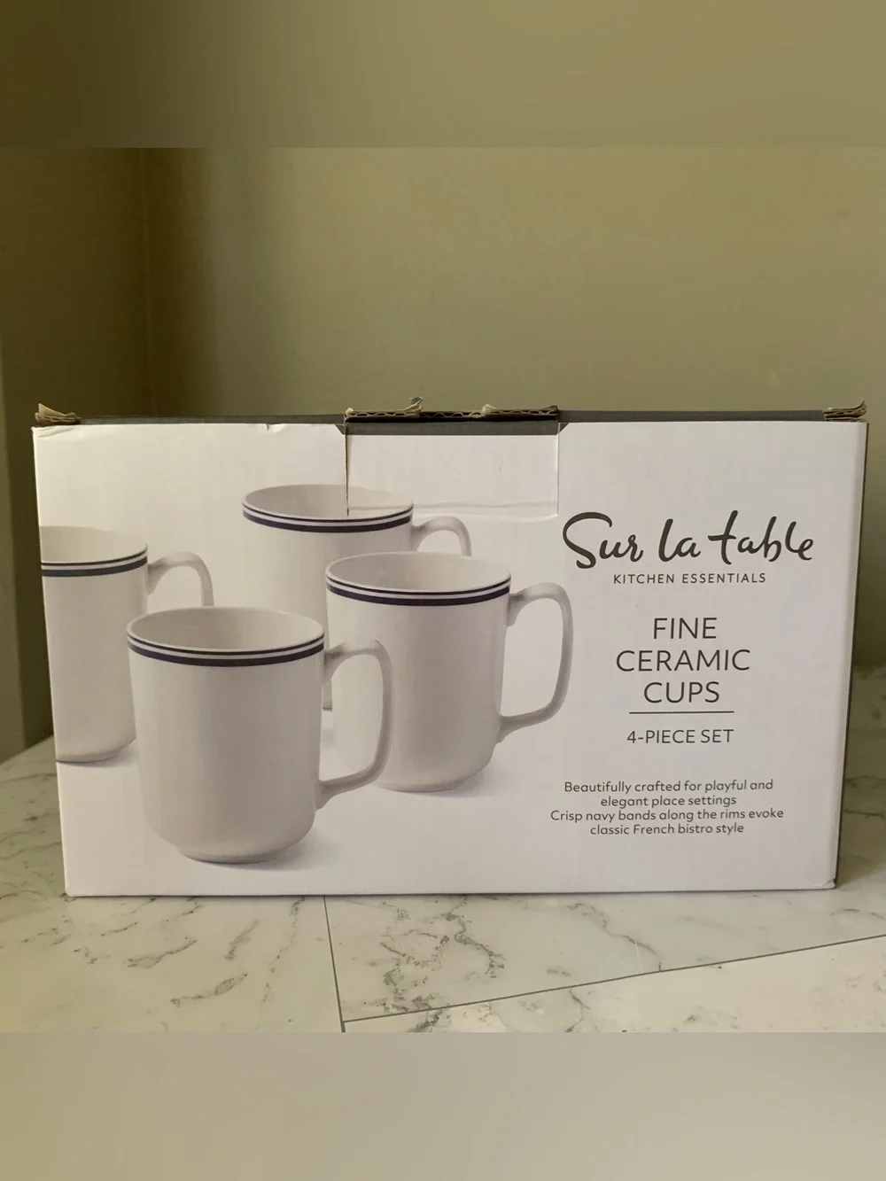 Sur La Table Blue Rim Bistro Style Fine Ceramic Cups/ Mugs Set of 4 - 14 Oz Each